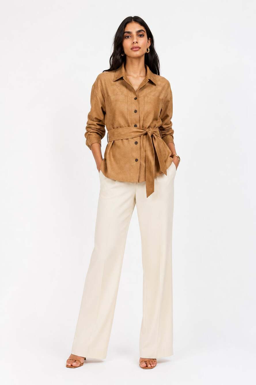 Banana Republic Vegan Suede Belted Shirt Tan Button Front Womens Size Small New